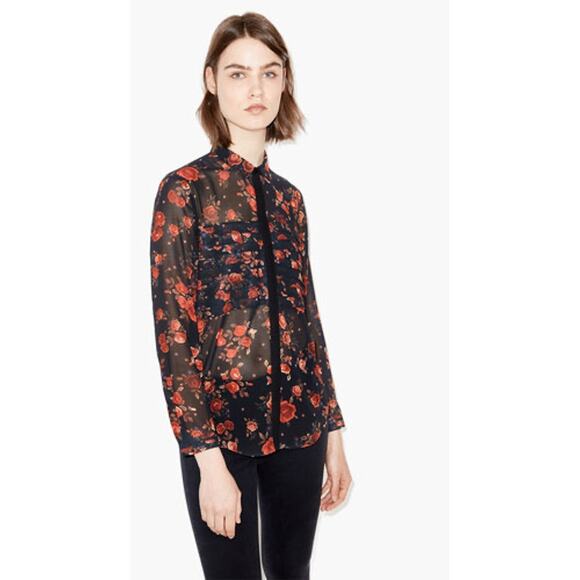 Kooples Romantic Rose Muslin Blouse Black Red Sheer Button Down xs - Picture 10 of 10